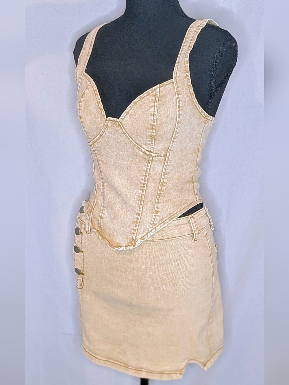 Cream Color Denim Corset & Mini Skirt Set, Size Small